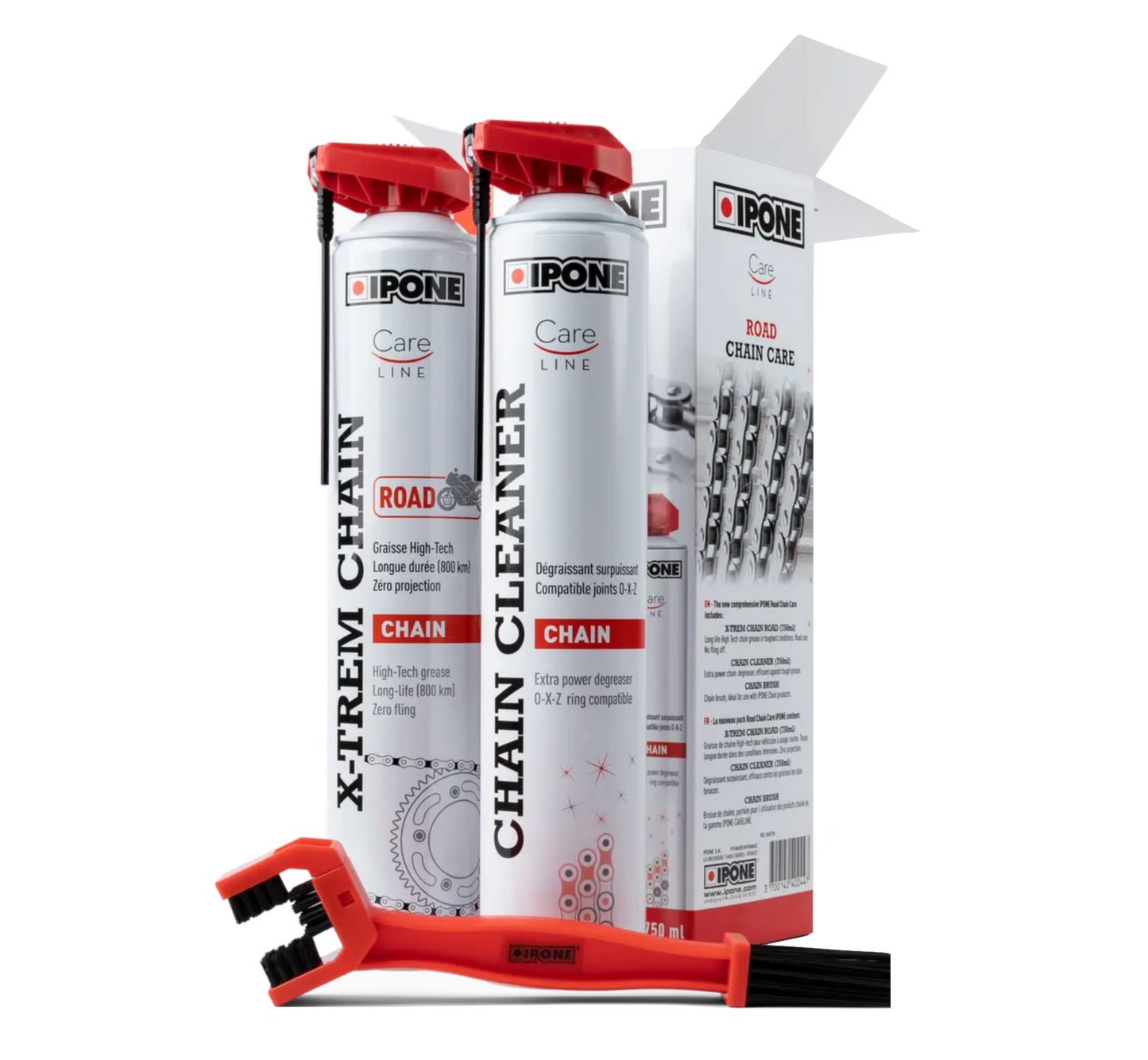 IPONE Road Chain Care Kit (1 Road Chain Grease 750ml + 1 Chain Cleaner 750ml + 1 Chain Brush)